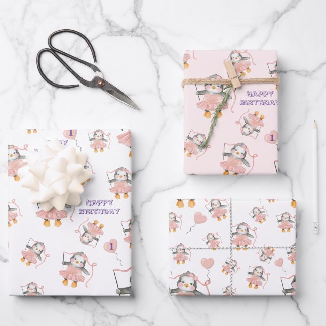 1st Birthday Cute Ballerina Penguin Pink Wrapping Paper Sheet (Front)