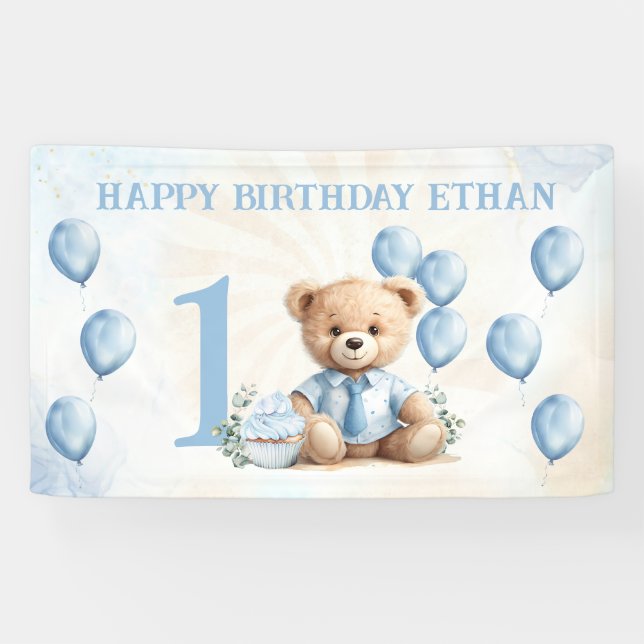 1st Birthday Cute Bear Blue Balloons Banner (Horizontal)