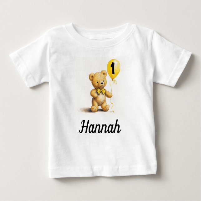 1st Birthday, Cute Bear w Balloon, Personalised Baby T-Shirt (Front)