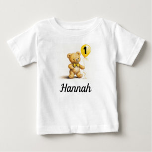 1st Birthday, Cute Bear w Balloon, Personalized Baby T-Shirt