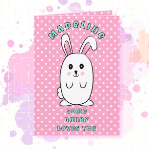 1st Birthday Cute Bunny Cartoon Pink White Blue Card