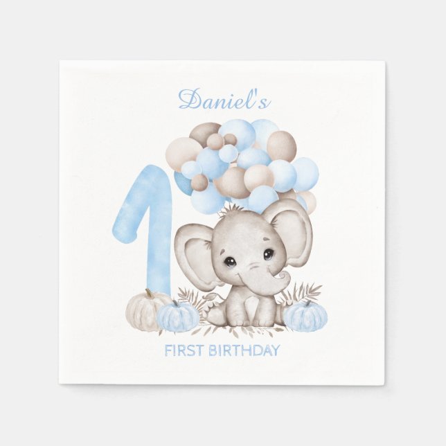 1st Birthday Cute Elephant Fall Boy Paper Napkins (Front)