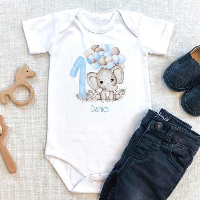 1st Birthday Cute Elephant Name Baby Bodysuit (Creator Uploaded)