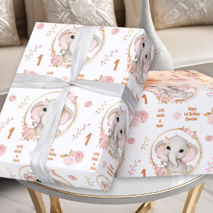 1st Birthday Cute Elephant Pink Flower Girl Name Wrapping Paper