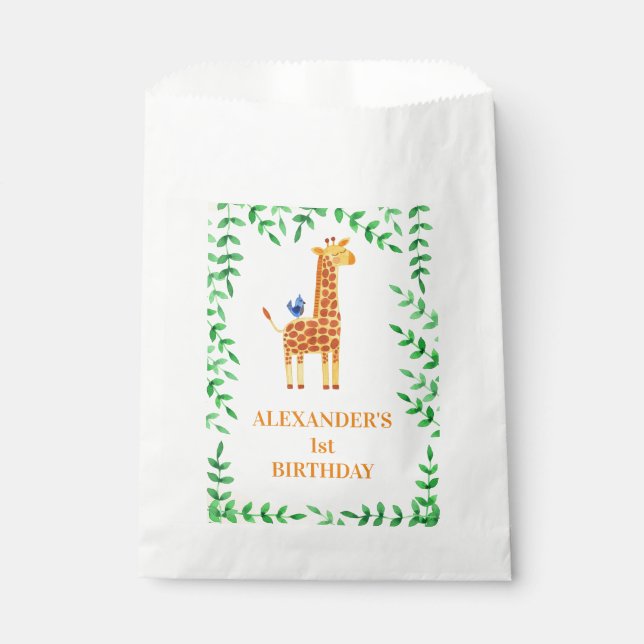 1st Birthday Cute Giraffe & Bird Whimsical Party Favour Bag (Front)