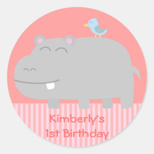 1st Birthday: Cute Hippo with Blue Bird Cartoon Classic Round Sticker