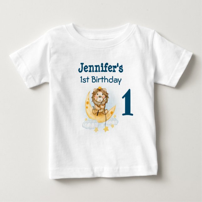 1st Birthday Cute Lion Fishing on the Moon Baby T-Shirt (Front)