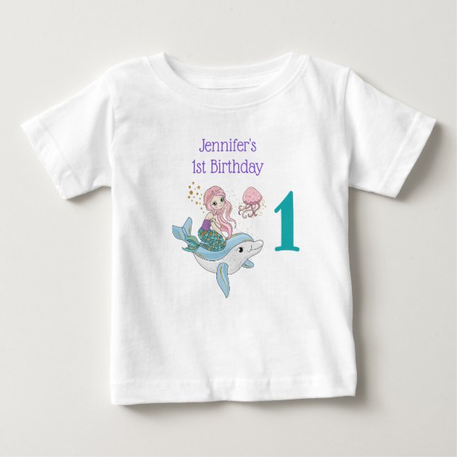 1st Birthday Cute Mermaid Riding a Dolphin Baby T-Shirt (Front)