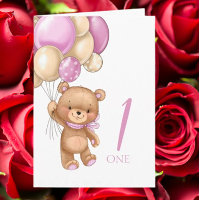 1st birthday cute pink balloons girl teddy card
