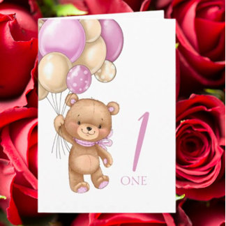 1st birthday cute pink balloons girl teddy card