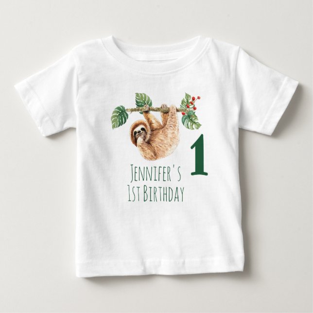 1st Birthday Cute Sloth Hanging Upside Down Baby T-Shirt (Front)