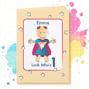 1st Birthday Cute Super Girl Cartoon Sweet Hero Card