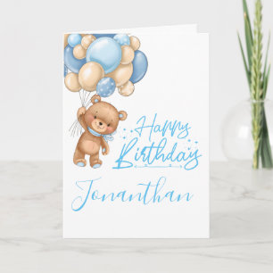 1st birthday cute teddy balloon boy card