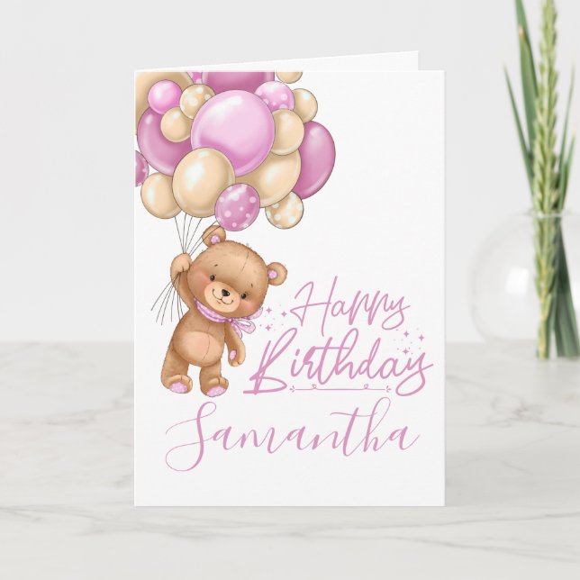 1st birthday cute teddy pink balloon girl card (Front)
