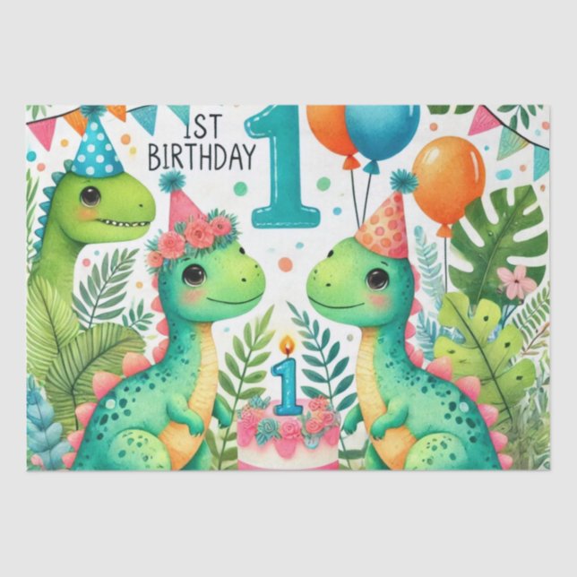 1st Birthday Dinosaur Dino Boy Watercolor Tissue Paper (Front)
