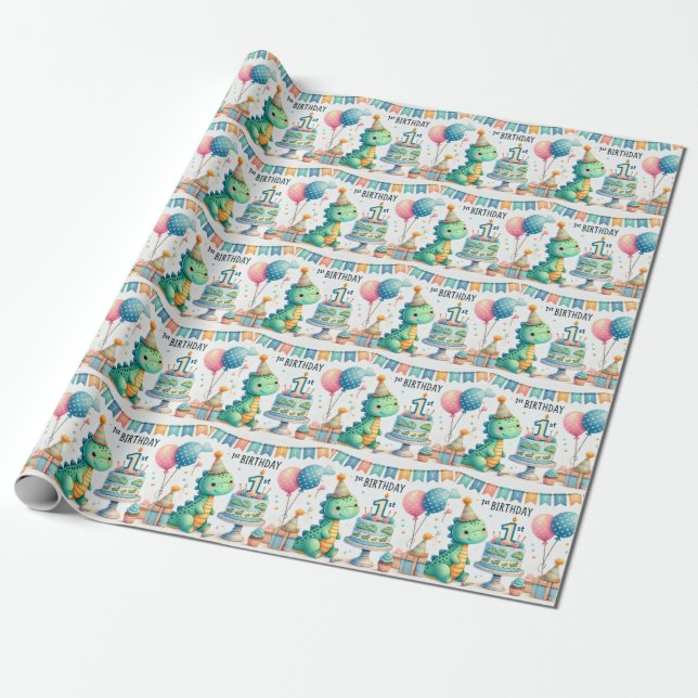 1st Birthday Dinosaur Dino Boy Watercolor Wrapping Paper (Unrolled)