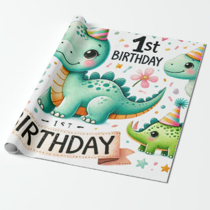 1st Birthday Dinosaur Dino Boy Watercolor Wrapping Paper