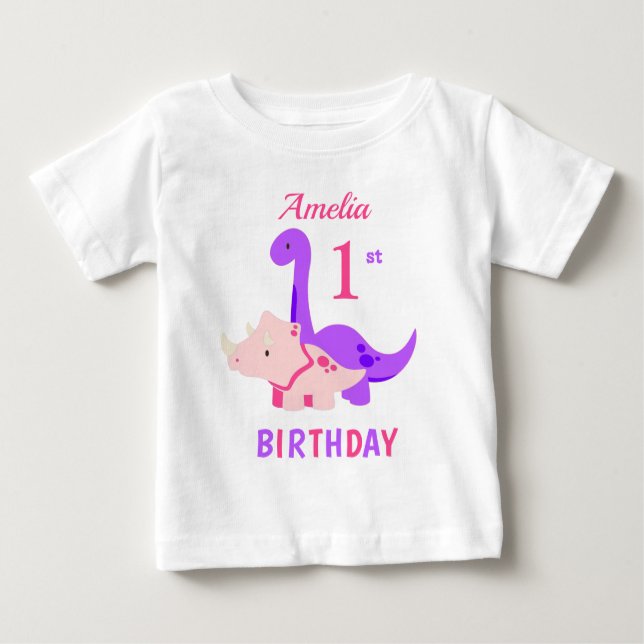 1st Birthday Dinosaurs Pink Baby T-Shirt (Front)