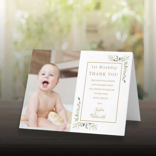 1st Birthday Elegant Gold Greenery Photo Thank You Card (1st Birthday Elegant Gold Greenery Photo Thank You Card)