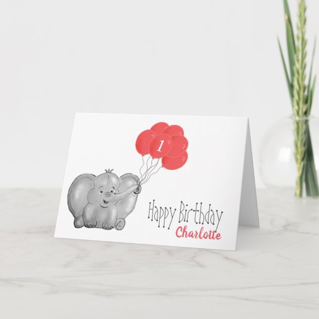 1st birthday elephant & pink balloon girl card (Front)