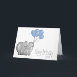 1st birthday elephant with balloon card<br><div class="desc">Personalized 1st birthday card,  with an elephant with blue balloons.

The name & the inside message can be customized. 
 
This cute and illustrated design is perfect for a son or grandson on a one year old baby boy's birthday.</div>