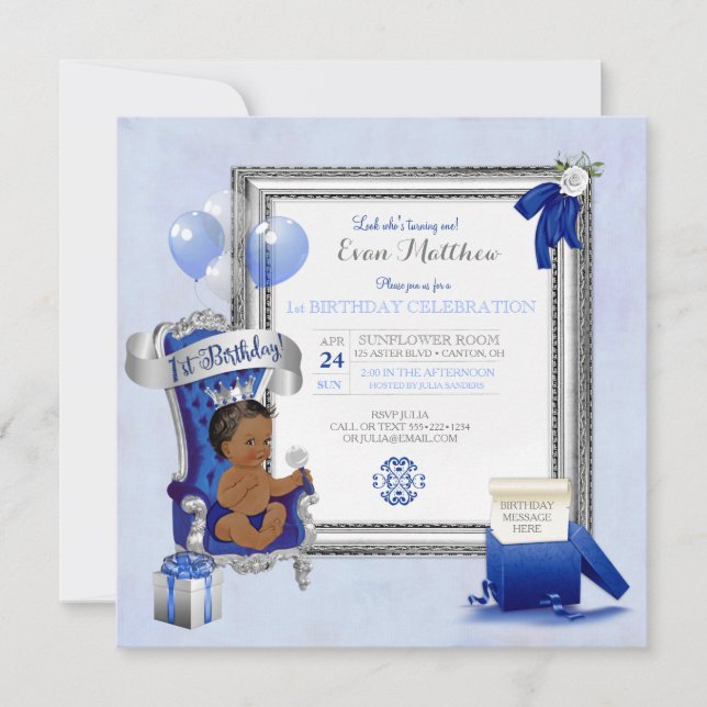 1st Birthday Ethnic Boy Royal Blue Silver Photo Invitation (Front)