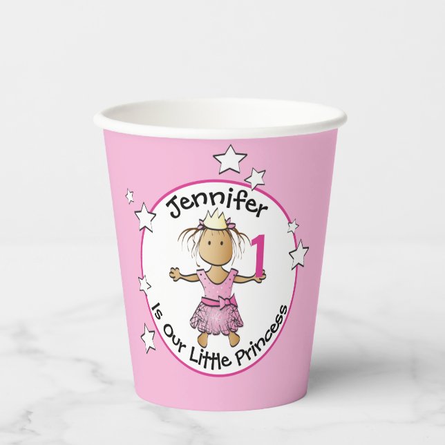 1st Birthday Ethnic Princess Cartoon Pink Cute Paper Cups (Front)