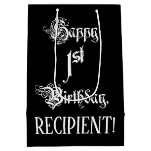 1st Birthday: Fancy, Elegant Script + Custom Name Medium Gift Bag