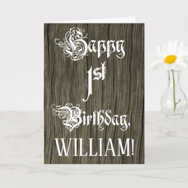 1st Birthday: Fancy, Elegant Text; Faux Wood Look Card (Small Plant)