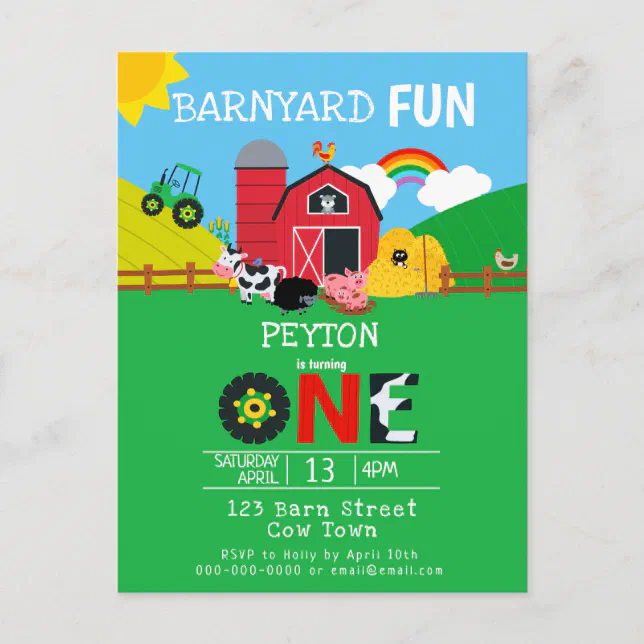 1st Birthday Farm Animals Barnyard Fun Kids Cute Invitation Postcard ...