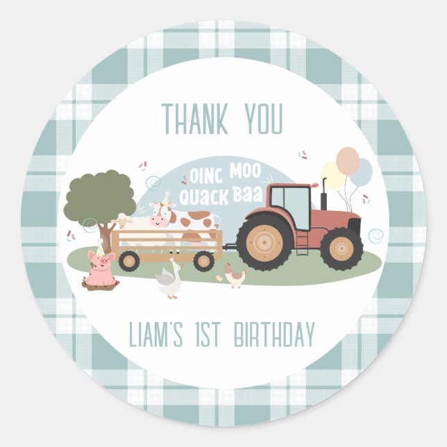 1st Birthday Farm Animals Party Classic Round Sticker (Front)
