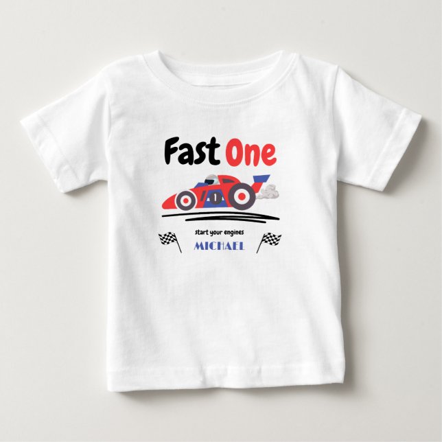 1st Birthday Fast One Red Blue Race Car Baby T-Shirt (Front)
