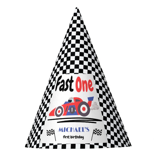 1st Birthday Fast One Red Blue Race Car Party Hat (Front)