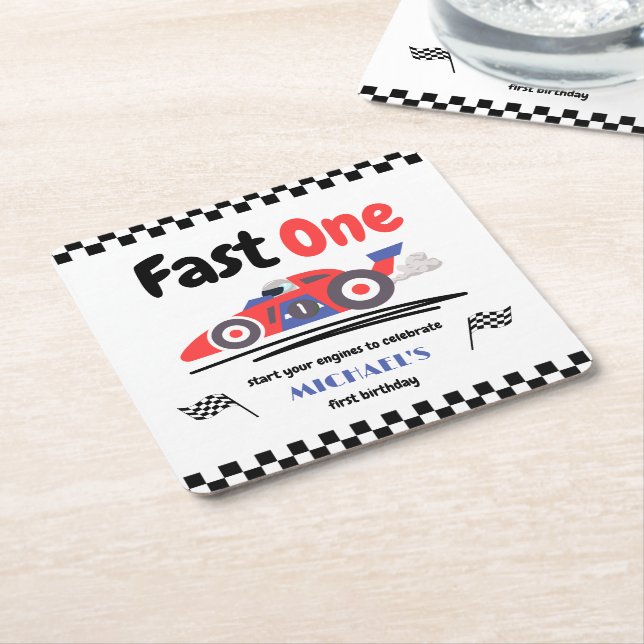 1st Birthday Fast One Red Blue Race Car Square Paper Coaster (Angled)