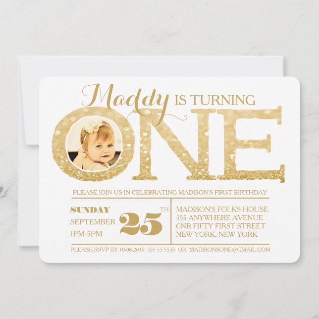 1st Birthday Faux Gold Glitter One Photo Invite (Front)