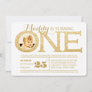 1st Birthday Faux Gold Glitter One Photo Invite