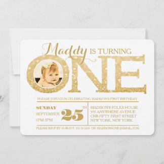 1st Birthday Faux Gold Glitter One Photo Invite