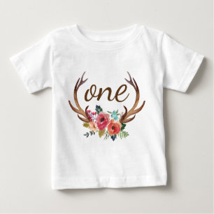 1st Birthday Floral Deer Horn Personalised-10 Baby T-Shirt