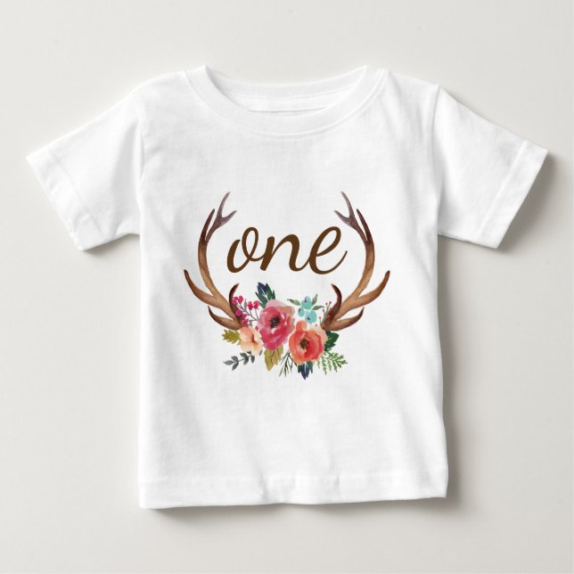 1st Birthday Floral Deer Horn Personalised-10 Baby T-Shirt (Front)