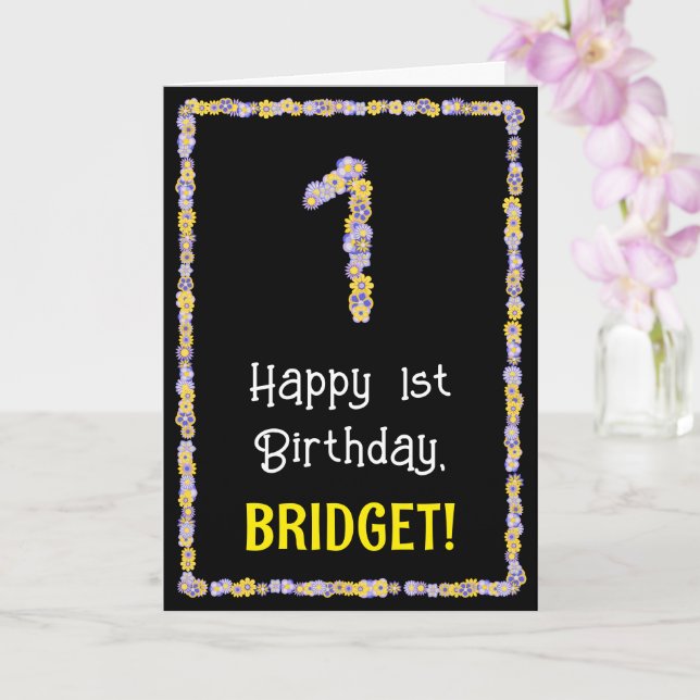 1st Birthday: Floral Flowers Number, Custom Name Card (Orchid)