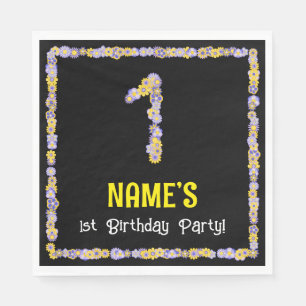 1st Birthday: Floral Flowers Number, Custom Name Napkin