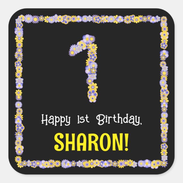 1st Birthday: Floral Flowers Number, Custom Name Square Sticker (Front)