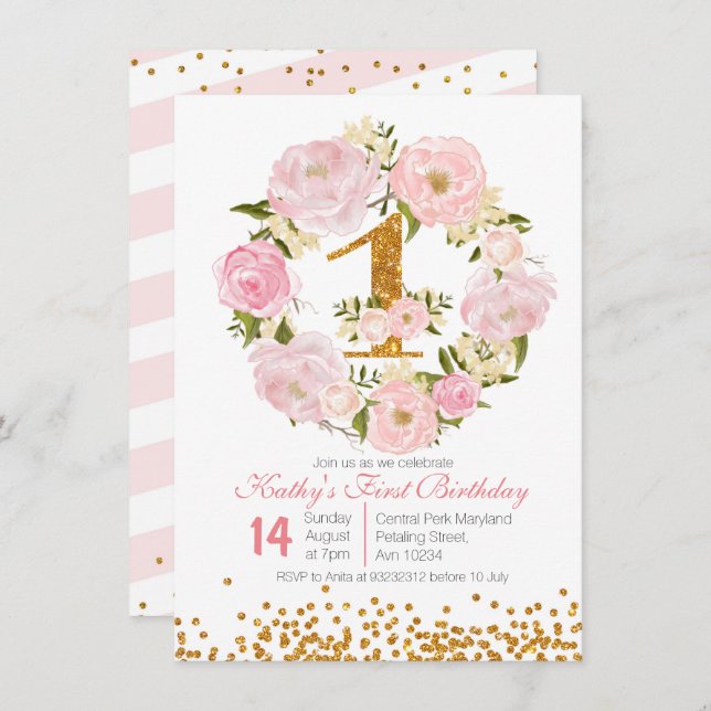 1st Birthday Floral girl Invitation Card (Front/Back)