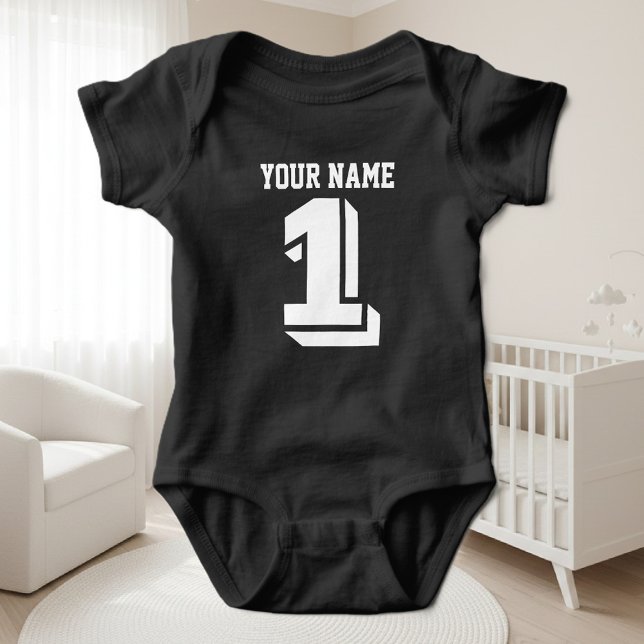 1St Birthday football jersey number baby bodysuit (Black bodysuit for 1st Birthday)