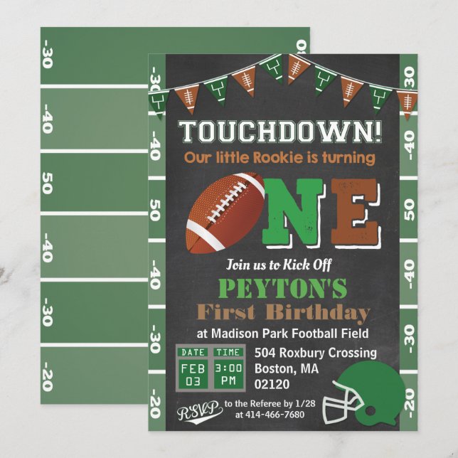 1st Birthday Football Party Chalkboard Invitation (Front/Back)