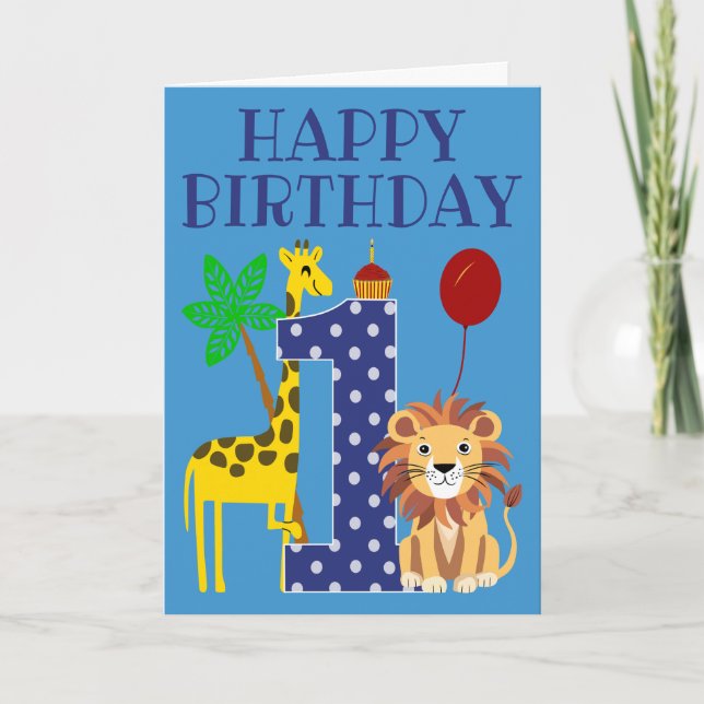 1st Birthday for Boy with Giraffe and Lion Card (Front)