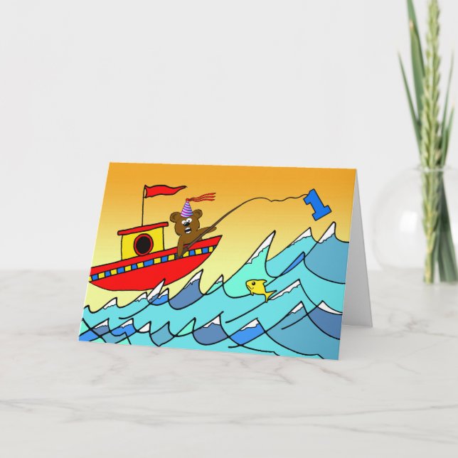 1st Birthday for Child, Party Bear Fishing Card (Front)