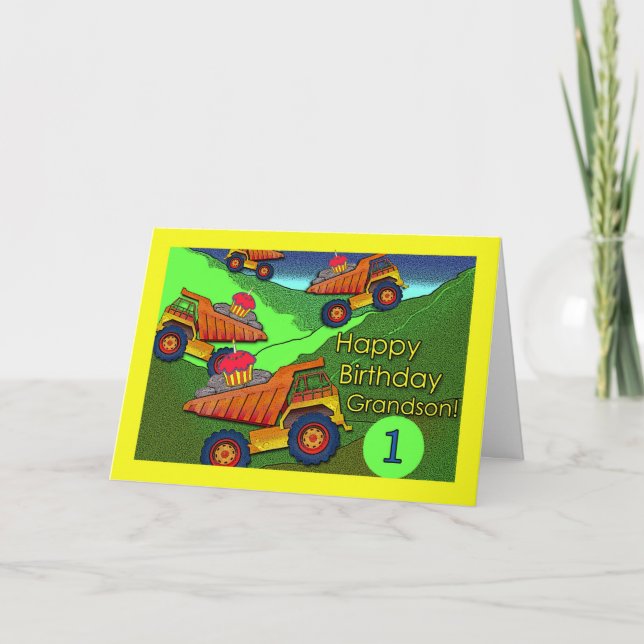 1st Birthday for Grandson, Dump Trucks, Cupcakes Card (Front)