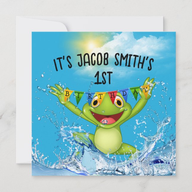 1st Birthday Frog Jumplng in Water Invitation (Front)
