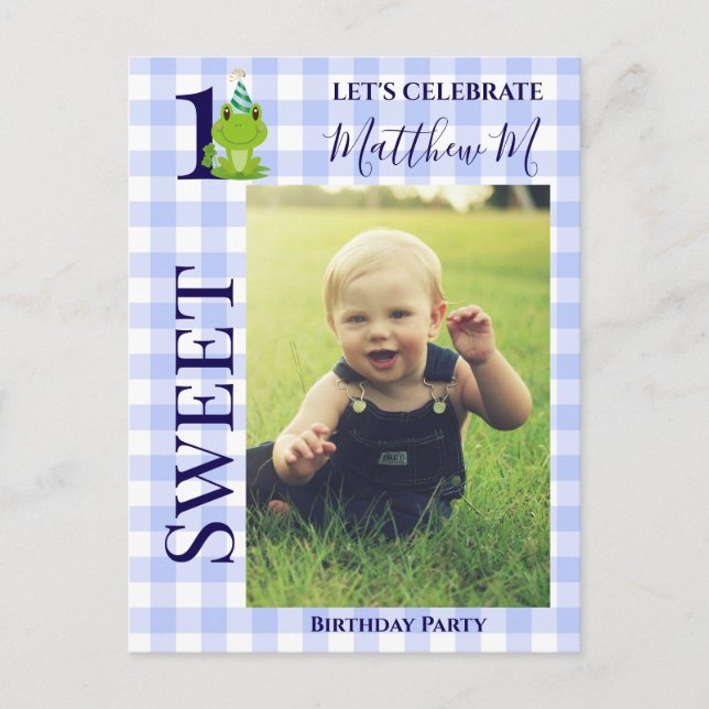 1st Birthday Frog Plaid party invitation Postcard (Front)